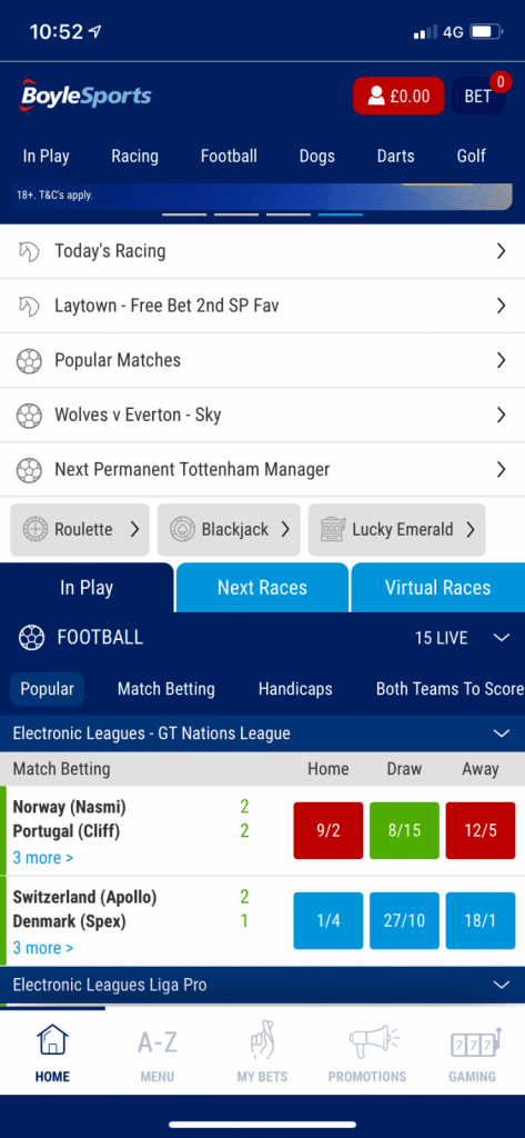 BoyleSports App in play on home page